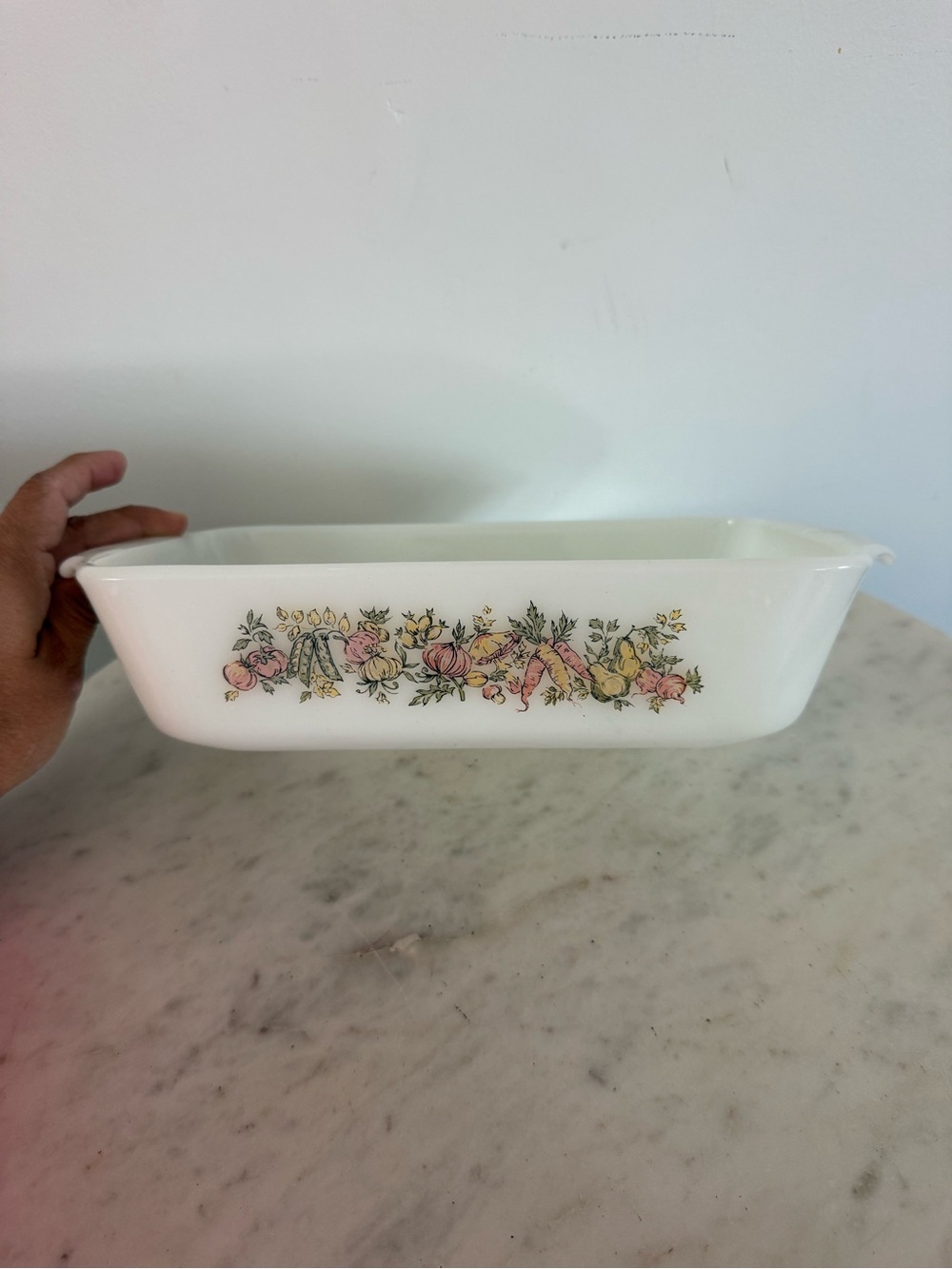 Vintage Anchor Hocking 441 Loaf Pan Baking Dish Vegetable Harvest Pattern 5x9